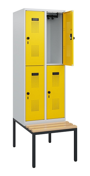 C+P Doppelstöckiger Spind Evolo PLUS, Bank, 4 Fächer, 1950x600x815mm, 7035/1023, Drehriegel, Sitzfläche Buche-Hartholz, Sitzbank, 0493505-20 S10001