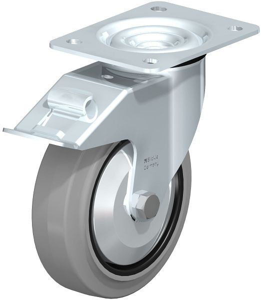 Blickle LE-POEV 160XKA-FI-SG-FA Stahlblech-Lenkrolle mit Anschraubplatte & Feststeller, Elastik-Vollgummi, Grau, 850215