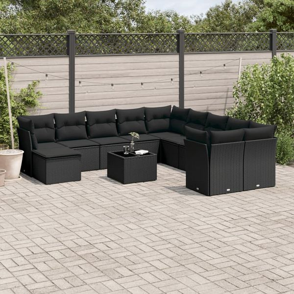 vidaXL 12-teilig Garten-Sofagarnitur mit Kissen Schwarz Poly Rattan, 3250454