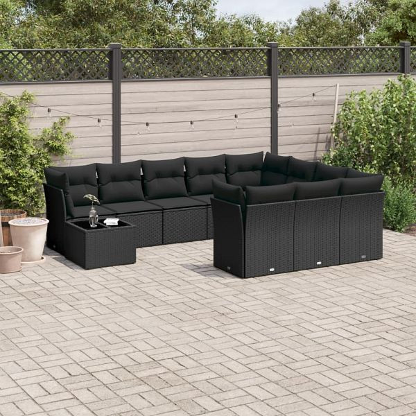 vidaXL 11-teilig Garten-Sofagarnitur mit Kissen Schwarz Poly Rattan, 3250094