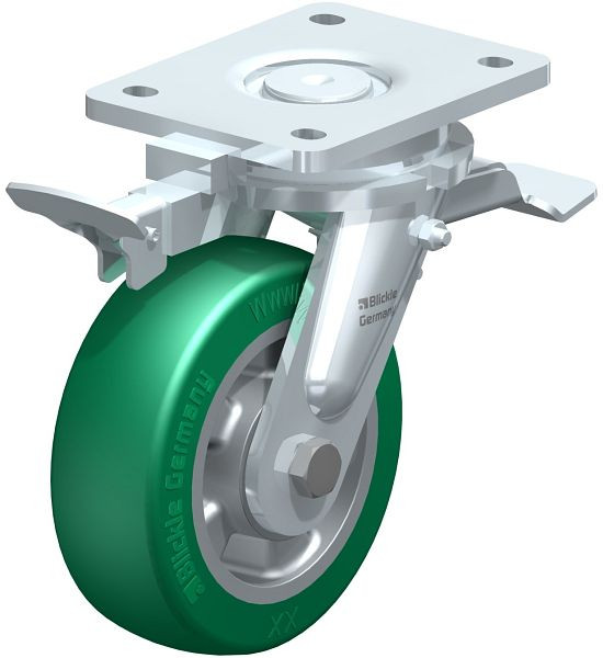 Blickle LO-ALST 150K-ST-RI4 Stahlgeschweißte Schwerlast-Lenkrolle mit Feststeller, Blickle Softhane®, Grün, 852378