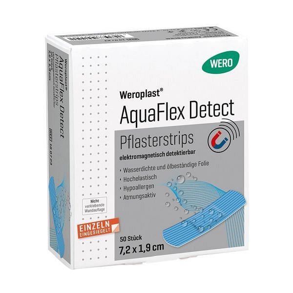 WERO Weroplast AquaFlex Detect Pflasterstrips 7,2x1,9 cm, detektierbar, VE: 50 Stück, 180723