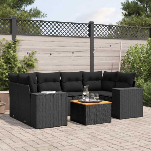vidaXL 7-tlg. Garten-Sofagarnitur mit Kissen Schwarz Poly Rattan, 3225341