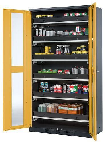 asecos Chemikalienschrank Systema-T CS-106G, Korpus anthrazit, Flügeltüren gelb, 6 Tablarauszüge, 209050