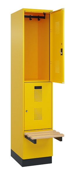 C+P Doppelstock-Spind Evolo PLUS, Bank, 2 Fächer, 1950x400x815mm, 1023/1023, Zylinderschloss, Sitzfläche Buche-Hartholz, mit Sockel, 049340-12 S10049