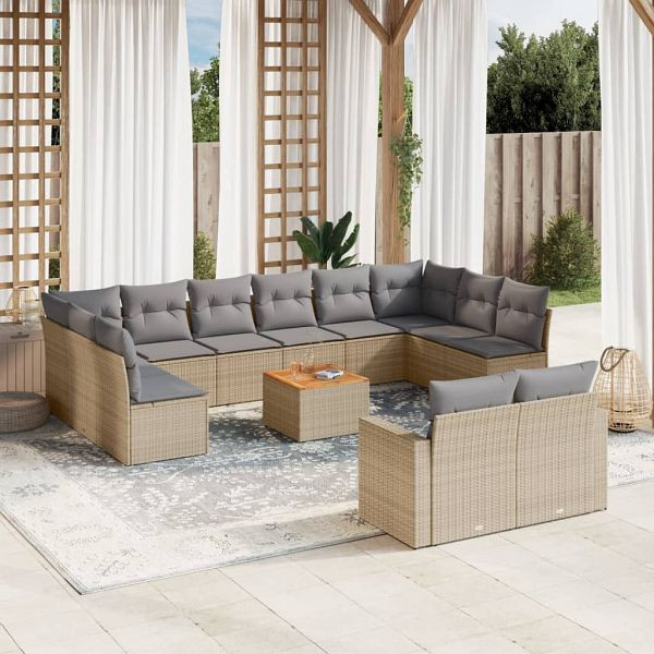 vidaXL 13-teilig Garten-Sofagarnitur mit Kissen Beige Poly Rattan, 3224358