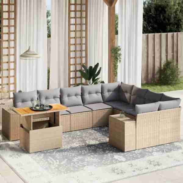 vidaXL 10-tlg. Garten-Sofagarnitur mit Kissen Beige Poly Rattan, UV-beständig, 3272802