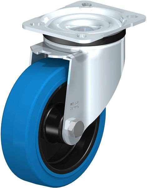 Blickle LK-POEV 125R-1-SB Stahlblech-Lenkrolle, schwere Ausführung, mit Anschraubplatte, Elastik-Vollgummi, Blau, 703652