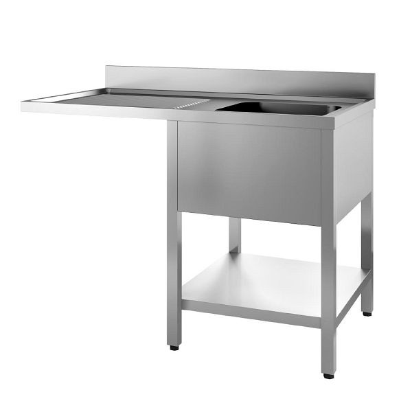 Gastro M Spültisch mit Sockel und unterer Ablage mm 1200x 700x850 Mit Aussparung Behälter rechts Ablage links, GN095