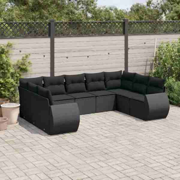 vidaXL 9-tlg. Garten-Sofagarnitur mit Kissen Schwarz Poly Rattan, UV-beständig, 3254132