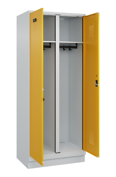 C+P Schwarz-Weiß-Spind Evolo PLUS, mit Sockel, 2 Abteile, 1950x800x500mm, 7035/1, Frontfarbe RAL 1004 Goldgelb, Zylinderschloss, 049022-22 S10027