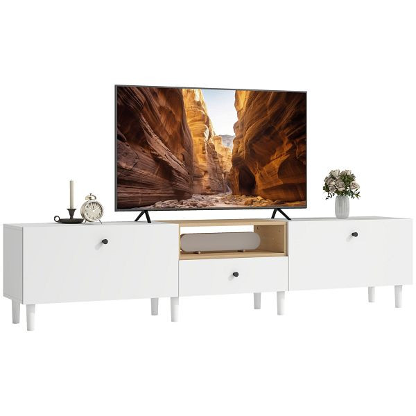 HOMCOM 200 cm TV-Kommode bis zu 90 Zoll, 2 Klappenfächer, offenes Fach, Schublade, 8 Beine, Spanplatte, Weiß, 83B-583V91WT