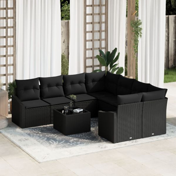 vidaXL Garten-Sofaset Set aus 9 Schwarz Rattan, Polyesterkissen, 3355332