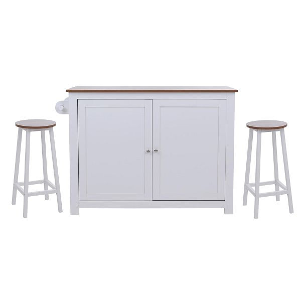 Mendler Kücheninsel HWC-P61 mit 2 Sitzhockern, Küchenschrank Schublade Staufächer MDF 90x120x45cm, weiß, helles Holz, 130682+130683