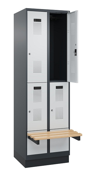 C+P Doppelstock-Spind Evolo PLUS, Bank, 4 Fächer, 1950x600x815mm, 7016/7035, Zylinderschloss, Sitzfläche Buche-Hartholz, mit Sockel, 049340-20 S10044