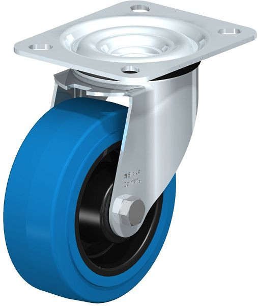 Blickle LE-POEV 100XR-SB Stahlblech-Lenkrolle mit Anschraubplatte, Elastik-Vollgummi, Blau, 850105