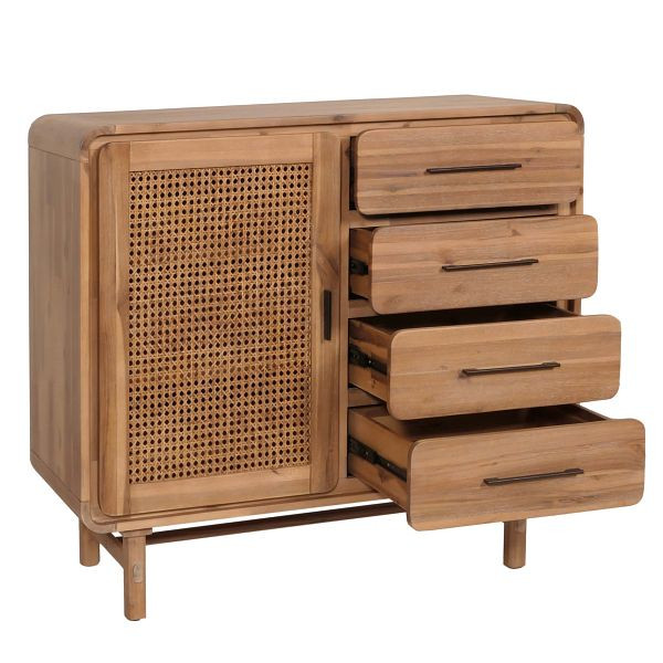 Mendler Kommode HWC-M47, Schrank Sideboard Highboard, Staufächer Schublade, Rattan Akazie Massiv-Holz gebeizt 101x109x45cm 44kg, 105017