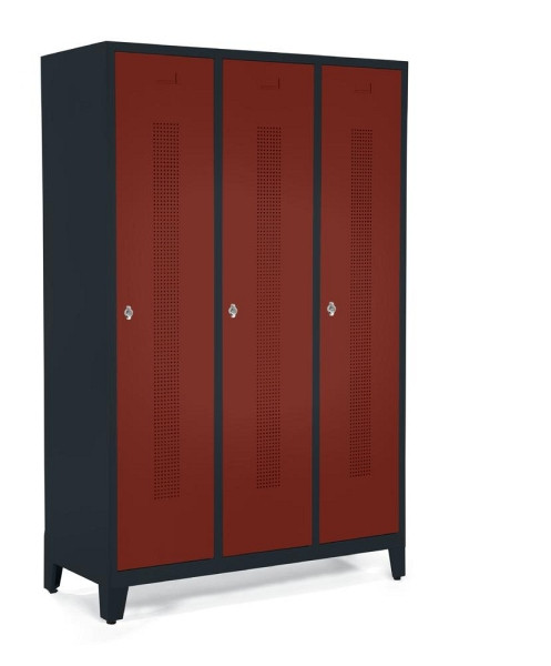 Deskin Garderobenspind mit Füßen, Rubinrot RAL 3003, 1185 x 500 x 1800 mm, 3 Abteile, Korpus: Anthrazit RAL 7021, 347104