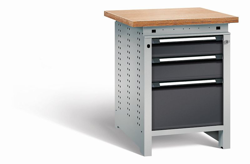 Otto Kind Werkbank Serie function Typ 106, Multiplexplatte, überstehend, 3 Schubladen, mit Zentralverschluss, Gehäuse RAL 9006, Front RAL 9005, 07232323N