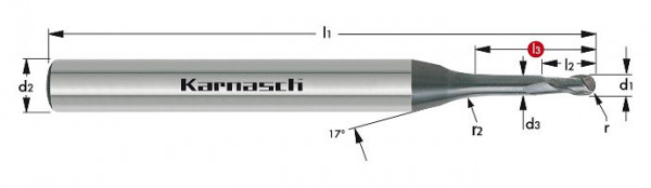 Karnasch VHM-Micro-3D-Radiusfräser d= 3,00 / r= 1,50 / L3= 18,0 / d2= 6 / Z= 2 DCC 0318 - Graphit/Zirkonium, 306554030018
