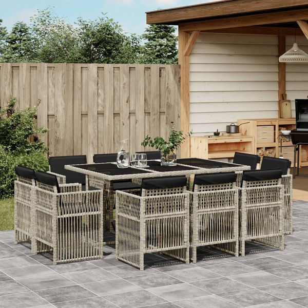 vidaXL 11-teilig Garten-Essgruppe mit Kissen Hellgrau Poly Rattan, 3211031