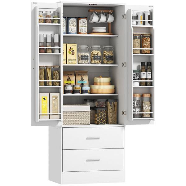 HOMCOM 159 cm Küchenschrank, verstellbare Regale, 2 Schublade, für Küche, Esszimmer, Spanplatte, MDF, Weiß, 83A-400V90WT