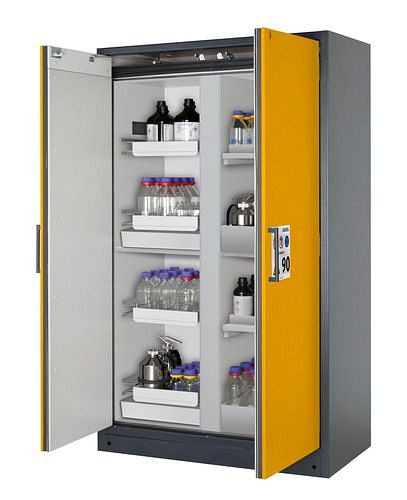 asecos Feuerbeständiger Gefahrstoffschrank Select, Mittelwand, mit Auszugs- und Bodenwannen, gelb, 266863