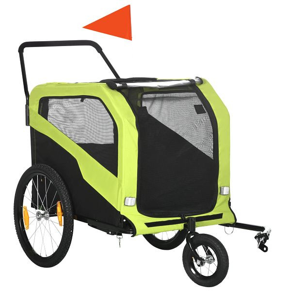 PawHut 2-in-1 Hundeanhänger bis 30kg klappbar und lagerbar Lenker Fußstütze Reflektoren Sicherheitsfahne 170 cm x 77 cm x 90 cm Grün, D00-168V00GN