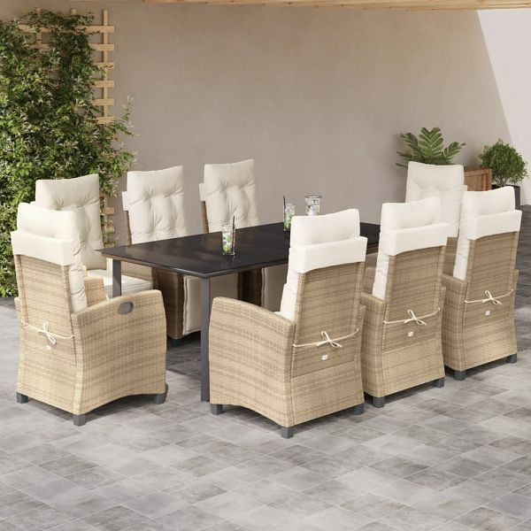 vidaXL 9-teilig Garten-Essgruppe mit Kissen Beige Poly Rattan, 3213015