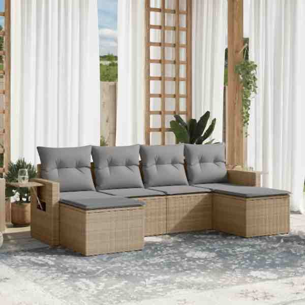 vidaXL 6-tlg. Garten-Sofagarnitur mit Kissen Beige Poly Rattan, UV-beständig, 3252856