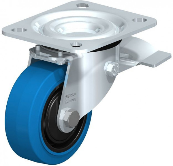 Blickle L-POEV 80KD-ST-SB Stahlblech-Lenkrolle, mittelschwere Ausführung, mit Anschraubplatte & Feststeller, Elastik-Vollgummi, Blau, 850474