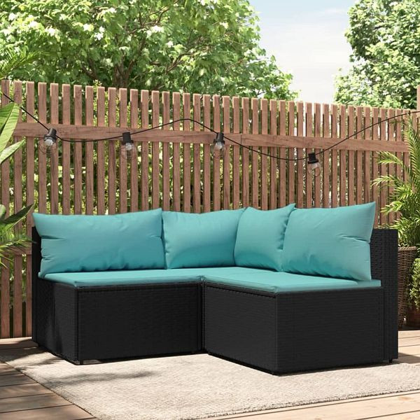 vidaXL 3-teilig Garten-Lounge-Set mit Kissen Schwarz Poly Rattan, 319796