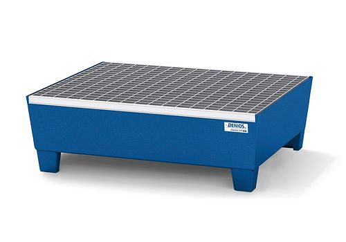 DENIOS Auffangwanne classic-line für 2 Fässer à 60 l, Stahl blau lackiert, Füße, Gitterrost, 259373