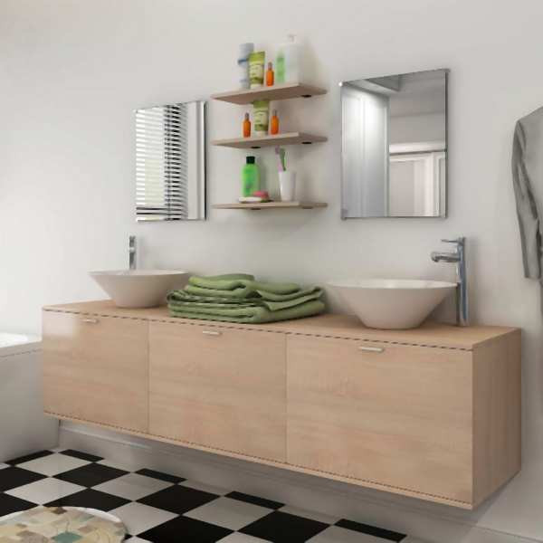 vidaXL 10-tlg. Badmöbel-Set mit Waschbecken und Wasserhahn Beige, 273692
