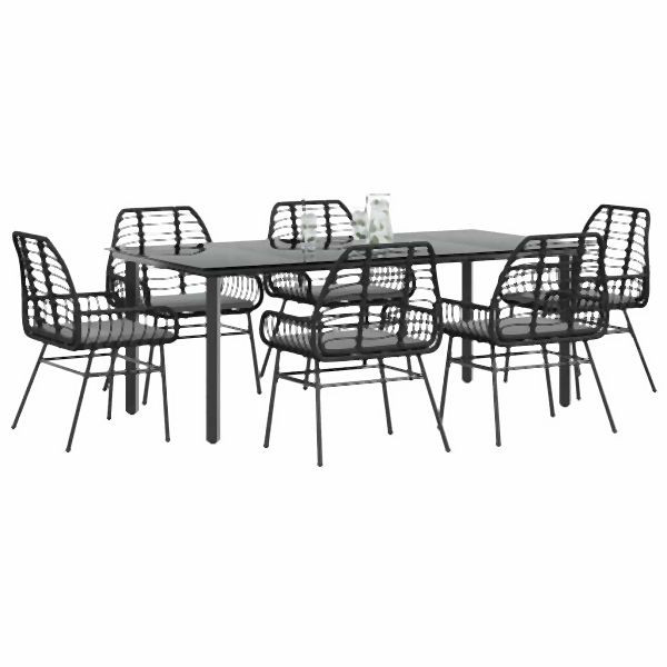 vidaXL 7-teilig Garten-Essgruppe mit Kissen Schwarz Poly Rattan Glas, 3334553