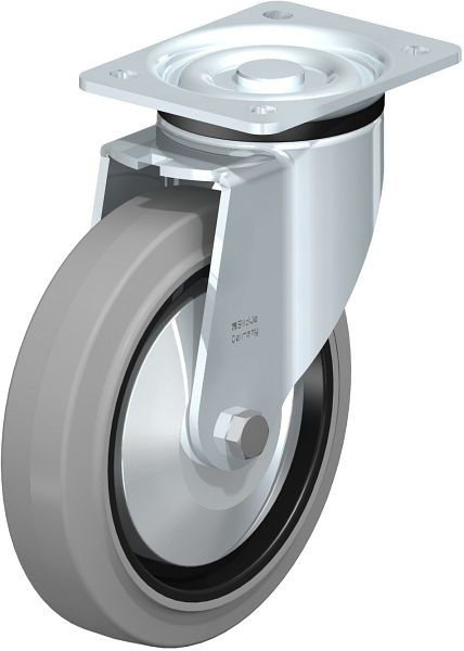 Blickle LK-POEV 200KD-SG-FA Stahlblech-Lenkrolle, schwere Ausführung, mit Anschraubplatte, Elastik-Vollgummi, Grau, 851324