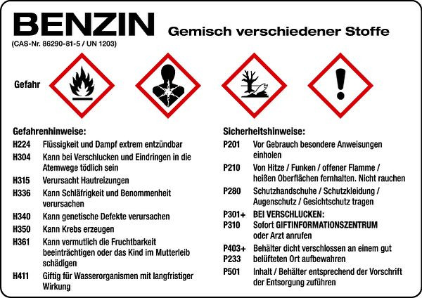 Schilder Klar Gefahrengutkennzeichnung GHS-Gefahrstoffetiketten: Benzin, 148x105 mm Folie selbstklebend, 508/32