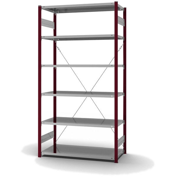 hofe Fachboden-Grundregal, 2500x600x1300 mm, 6 Fachebenen, verzinkt / RAL 3004, 190 kg Fachlast, 1000 kg Feldlast, einseitige Bedienung, HRG256013XL