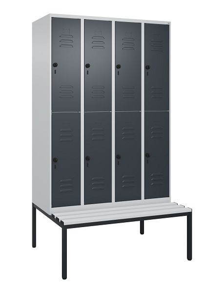 C+P Doppelstöckiger Spind Classic PLUS, 4 Abteile, 2120x1200x815mm, 7035/7016, Drehriegel, mit untergebauter Sitzbank, 0803507-40 S10113