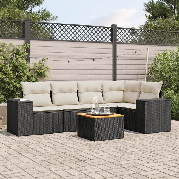 vidaXL 6-tlg. Garten-Sofagarnitur mit Kissen Schwarz Poly Rattan, UV-beständig, 3257764