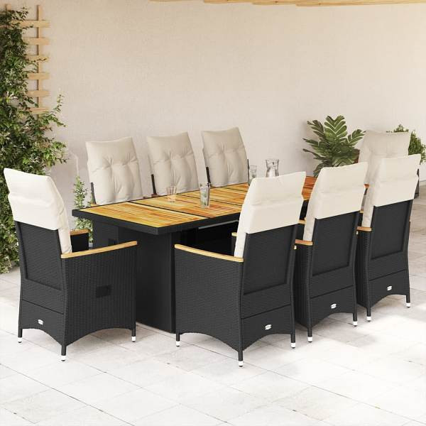vidaXL 9-tlg. Garten-Bistro-Set mit Kissen Schwarz Poly Rattan, UV-beständig, 3277249