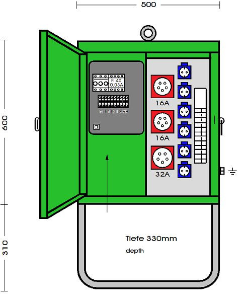 Elektra Tailfingen Verteilerschrank 28 kVA mit RCD Typ B, 3 CEE-Abgänge 16-32A und 6 Schutzkontakt-Steckdosen, V 40N/A/621-1, 183212