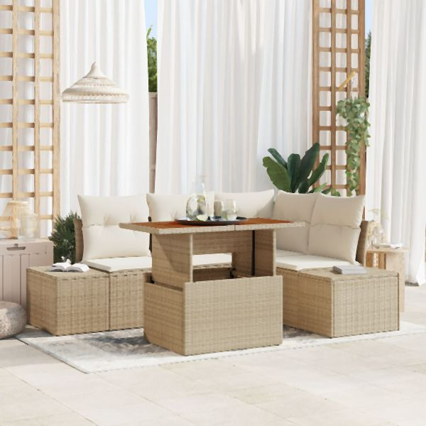 vidaXL 5-teiliges Garten Sofa Set mit Kissen Beige Poly Rattan, 3358696