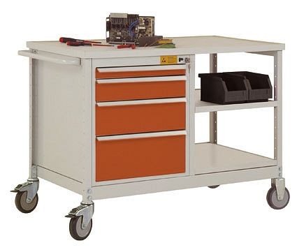 Manuflex ESD-Mobile Werkbank Modell 2 mit Schubfächer und Einlegeböden, BxTxH 1135 x 590 x 805 mm, Rotorange, LW1001.2001
