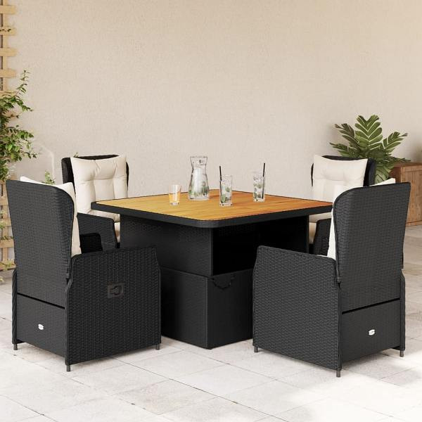 vidaXL 5-tlg. Garten-Essgruppe mit Kissen Schwarz Poly Rattan, UV-beständig, 3262767