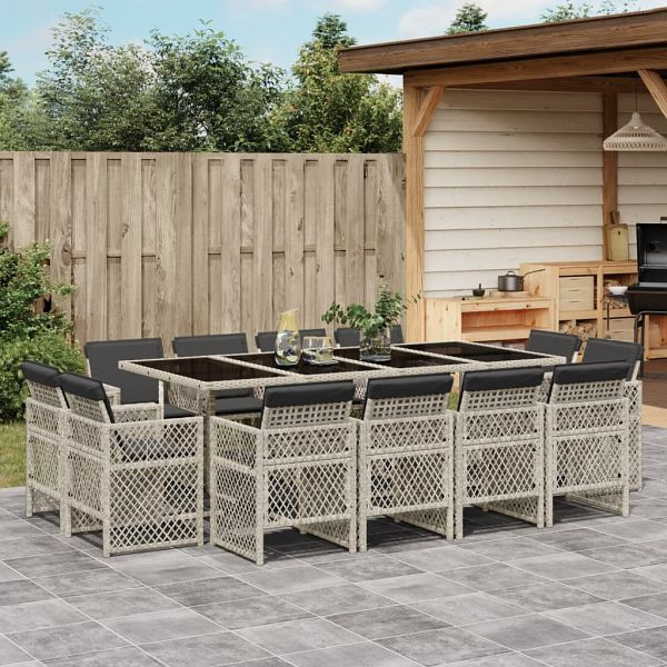 vidaXL 13-teilig Garten-Essgruppe mit Kissen Hellgrau Poly Rattan, 3210863