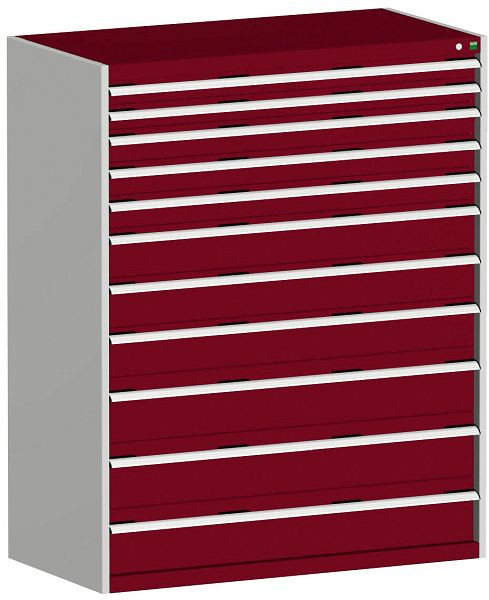 bott cubio Schubladenschrank bestückt mit 11 Schwerlastschubladen BxTxH: 1300 x 750 x 1600 mm, RAL 7035/3004, 40030030.24V