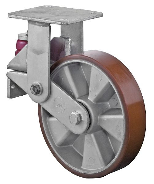 BS Rollen Gefederte Schwerlastrolle, Bockrolle, Breite 50 mm, Ø200 mm, bis 600 kg, Guss-Polyurethan 95 Shore A, Aluminium, Kugellager, T110.B90.200