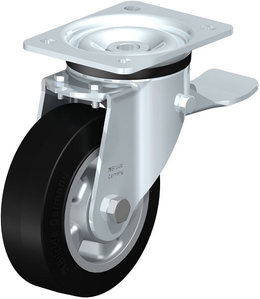 Blickle LK-ALEV 150K-ST Stahlblech-Lenkrolle, schwere Ausführung, mit Anschraubplatte & Feststeller, Elastik-Vollgummi, Schwarz, 626861