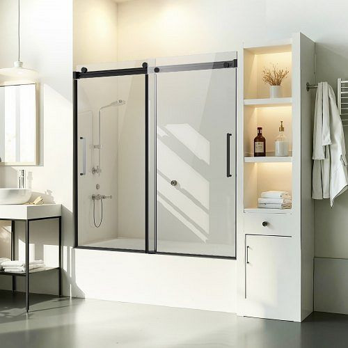 VEVOR Rahmenlose Schiebetür für Badewanne 1422-1524x1524 mm, 5/16 Zoll klares gehärtetes Glas, Edelstahlgriff, schwarzes Finish, TLYGM60W62HI3IDVNV0